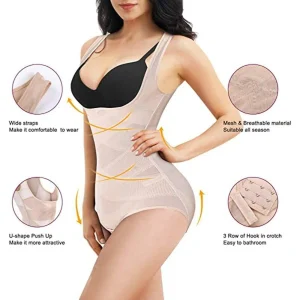Comfortable mesh shaping bodysuit for women, customizable and breathable for all-day wear.