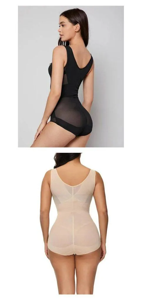 Woman wearing black mesh shaping bodysuit YC-518 for slimming and support.
