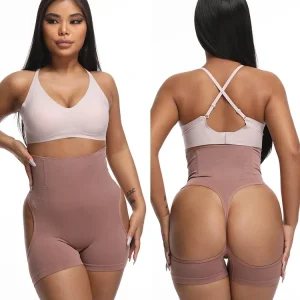 Women's lingerie set with high-waisted shorts and strappy bra, front and back view.